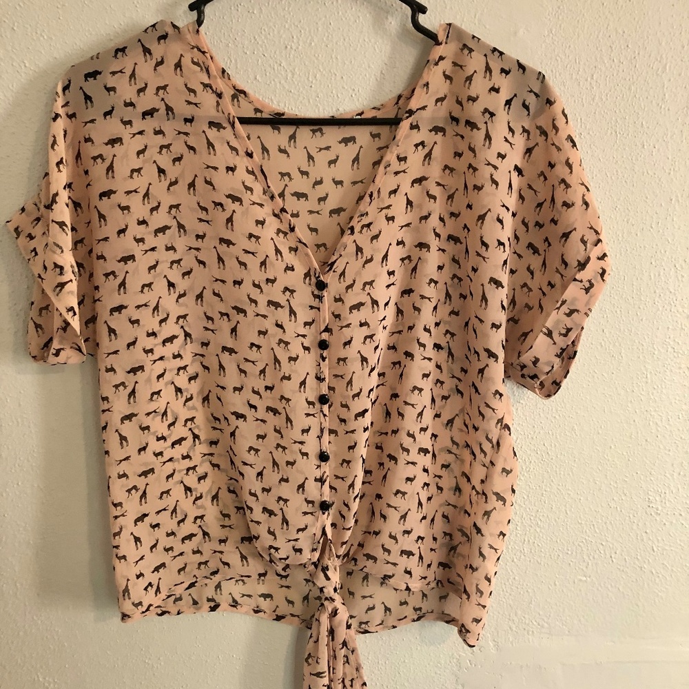 Tan. Size Small. Button up and tie at bottom